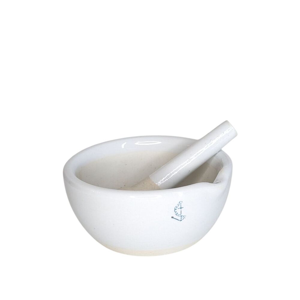 Vintage Small Ceramic Porcelain Mortar Pestle Set White Blue Anchor Mark Spout